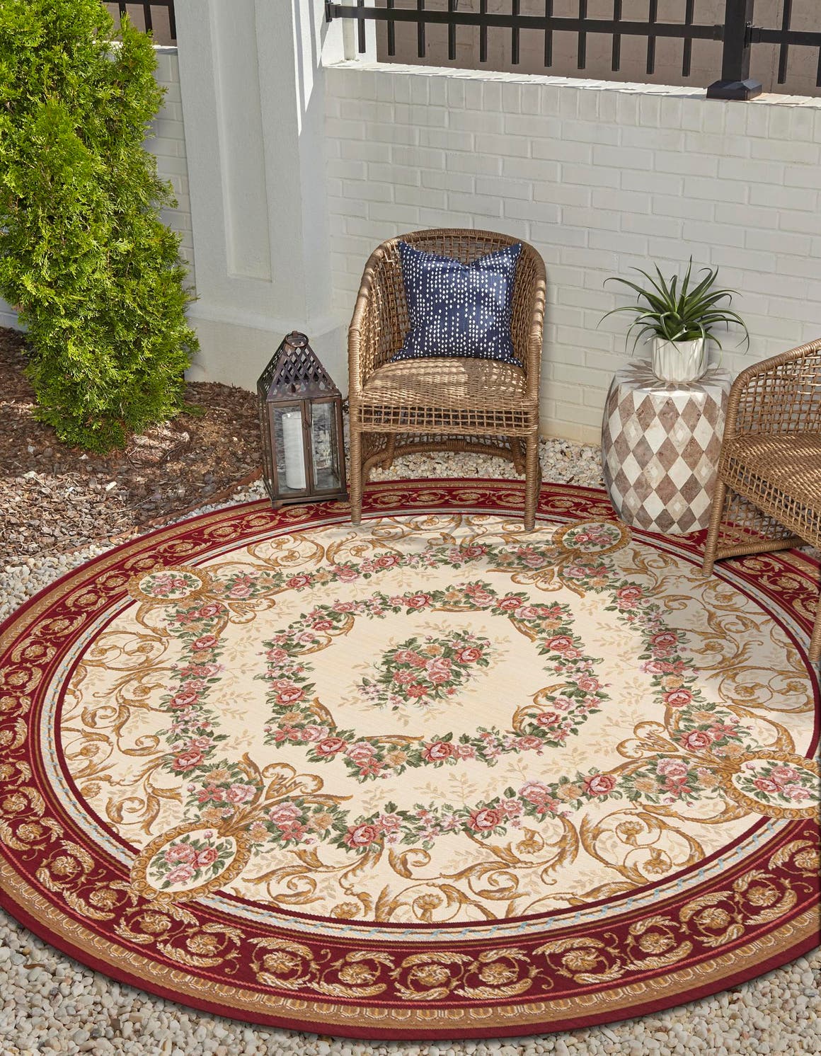 Burgundy Red and Ivory 5' 1 x 5' 1 Outdoor Traditional Round Area Rug Weather Resistant for Patio, Deck, Terrace, Balcony, Porch Classical Design Outside Carpet for Sale at Rug Engine