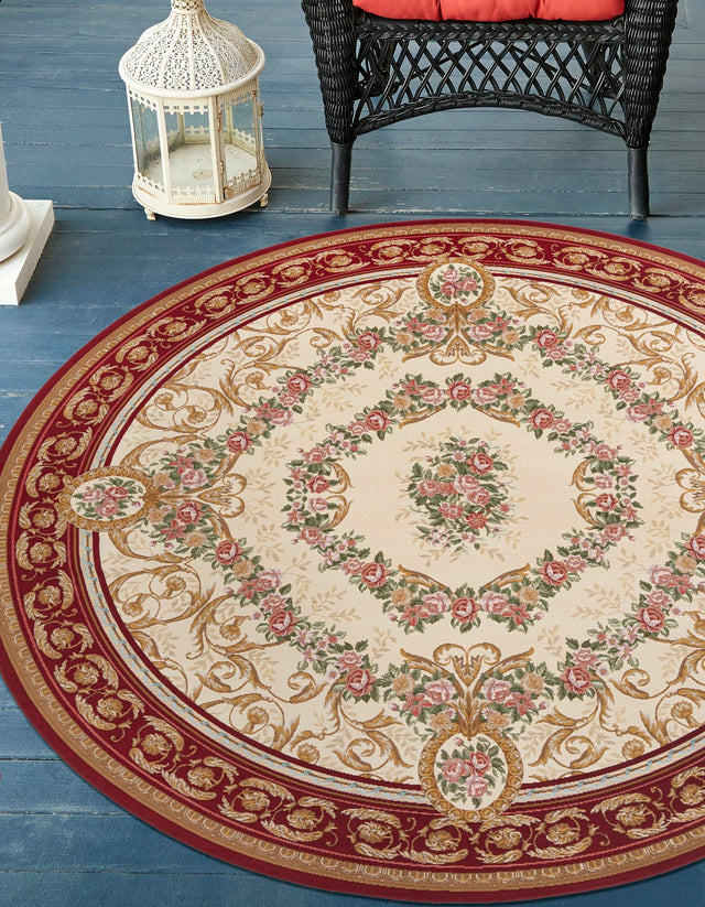 Burgundy Red and Ivory 4' 1 x 4' 1 Outdoor Traditional Round Area Rug Weather Resistant for Patio, Deck, Terrace, Balcony, Porch Classical Design Outside Carpet for Sale at Rug Engine