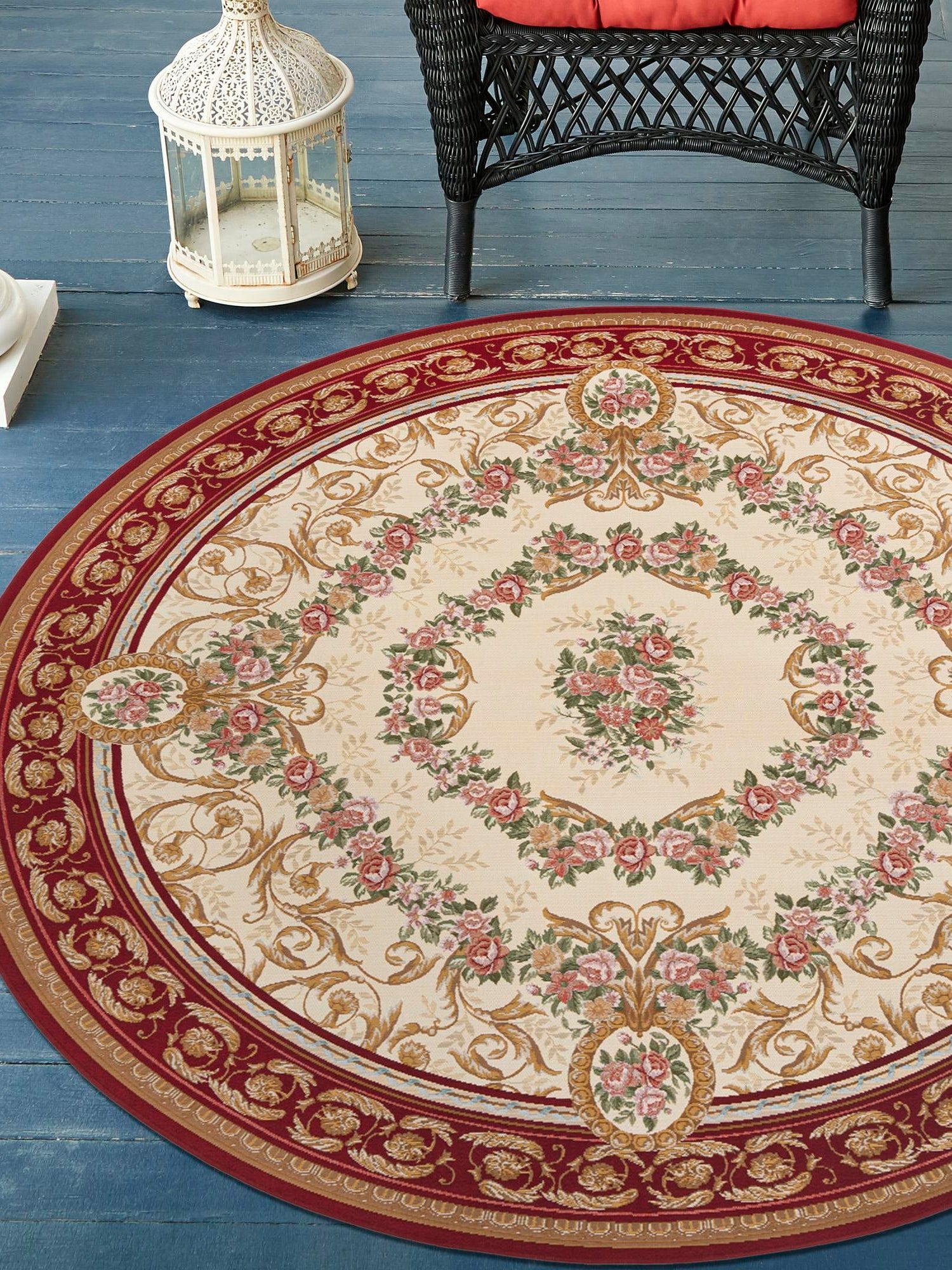 Burgundy Red and Ivory 3' 1 x 3' 1 Outdoor Traditional Round Area Rug Weather Resistant for Patio, Deck, Terrace, Balcony, Porch Classical Design Outside Carpet for Sale at Rug Engine