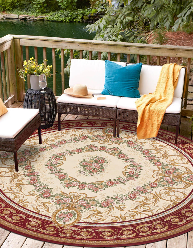 Burgundy Red and Ivory 7' 10 x 7' 10 Outdoor Traditional Round Area Rug Weather Resistant for Patio, Deck, Terrace, Balcony, Porch Classical Design Outside Carpet for Sale at Rug Engine