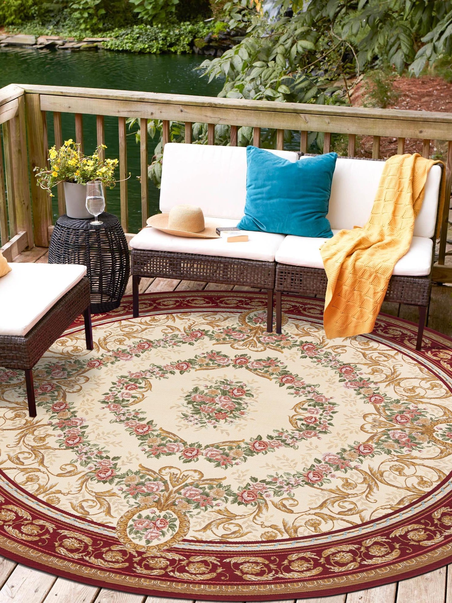 Burgundy Red and Ivory 10' x 10' Outdoor Traditional Round Area Rug Weather Resistant for Patio, Deck, Terrace, Balcony, Porch Classical Design Outside Carpet for Sale at Rug Engine