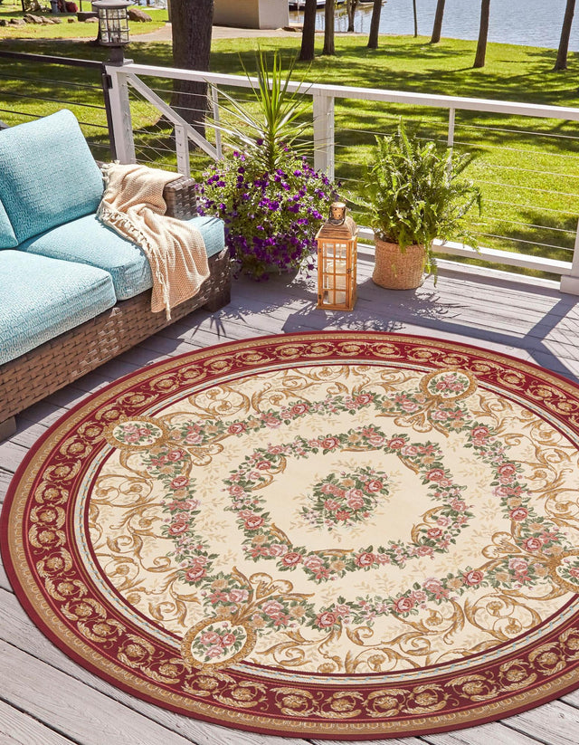 Burgundy Red and Ivory 7' 10 x 7' 10 Outdoor Traditional Round Area Rug Weather Resistant for Patio, Deck, Terrace, Balcony, Porch Classical Design Outside Carpet for Sale at Rug Engine