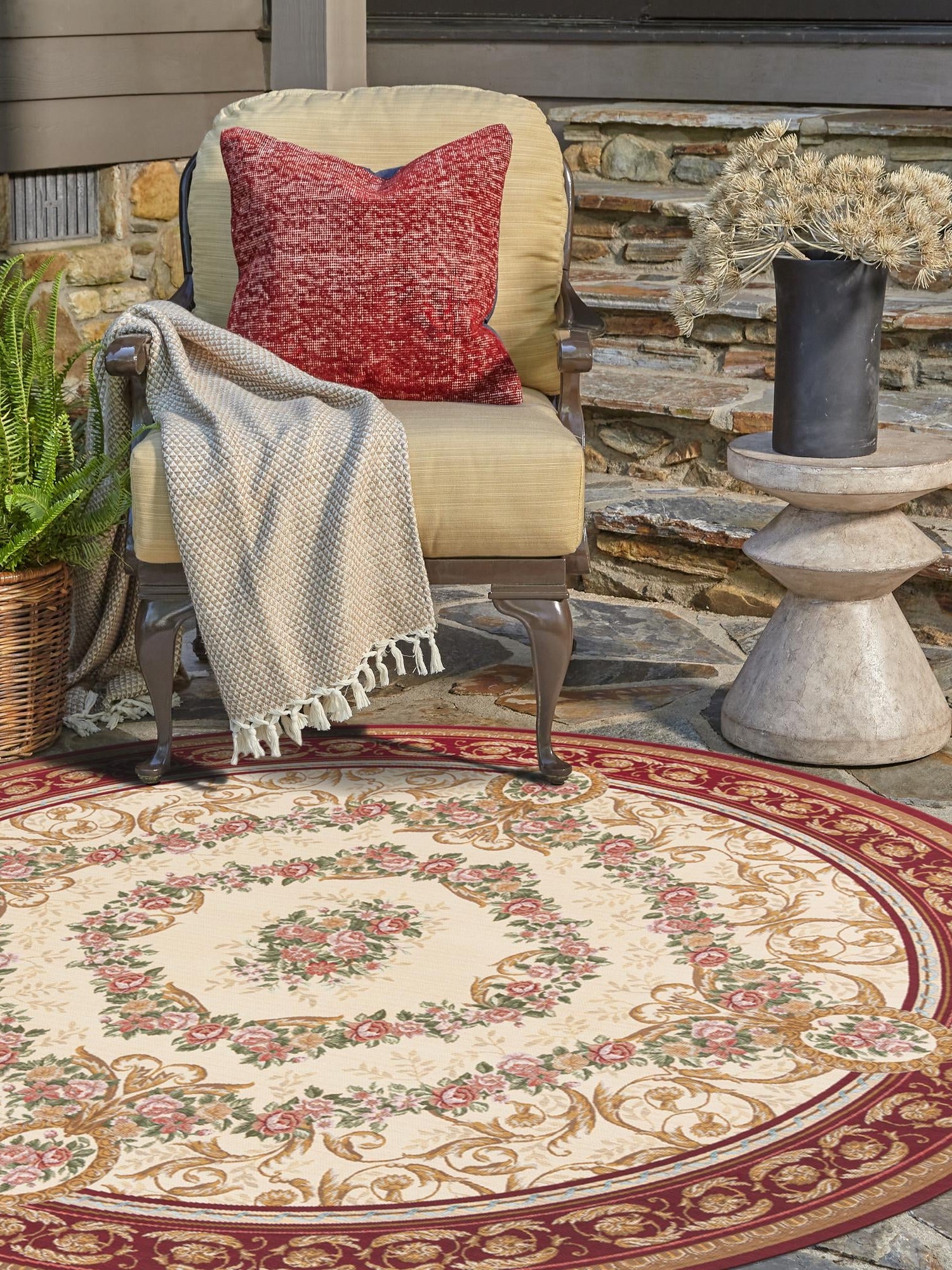 Burgundy Red and Ivory 7' 10 x 7' 10 Outdoor Traditional Round Area Rug Weather Resistant for Patio, Deck, Terrace, Balcony, Porch Classical Design Outside Carpet for Sale at Rug Engine