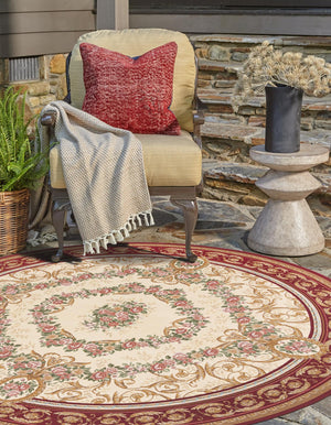 Burgundy Red and Ivory 7' 10 x 7' 10 Outdoor Traditional Round Area Rug Weather Resistant for Patio, Deck, Terrace, Balcony, Porch Classical Design Outside Carpet for Sale at Rug Engine