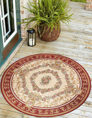 Burgundy Red and Ivory 4' 1 x 4' 1 Outdoor Traditional Round Area Rug Weather Resistant for Patio, Deck, Terrace, Balcony, Porch Classical Design Outside Carpet for Sale at Rug Engine