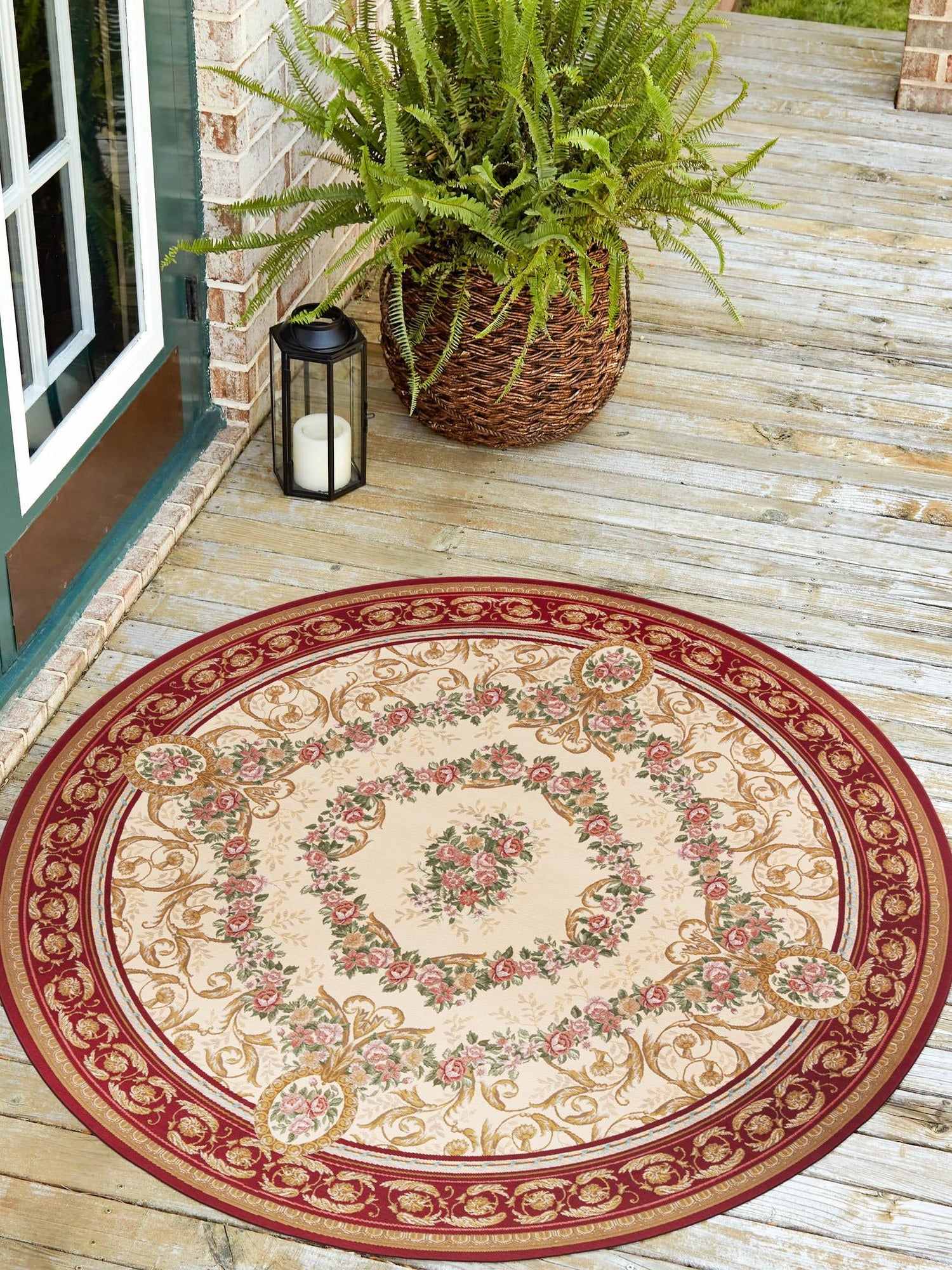 Burgundy Red and Ivory 5' 1 x 5' 1 Outdoor Traditional Round Area Rug Weather Resistant for Patio, Deck, Terrace, Balcony, Porch Classical Design Outside Carpet for Sale at Rug Engine