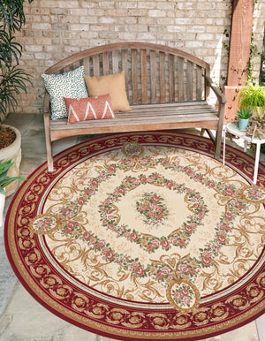 Burgundy Red and Ivory 7' 10 x 7' 10 Outdoor Traditional Round Area Rug Weather Resistant for Patio, Deck, Terrace, Balcony, Porch Classical Design Outside Carpet for Sale at Rug Engine
