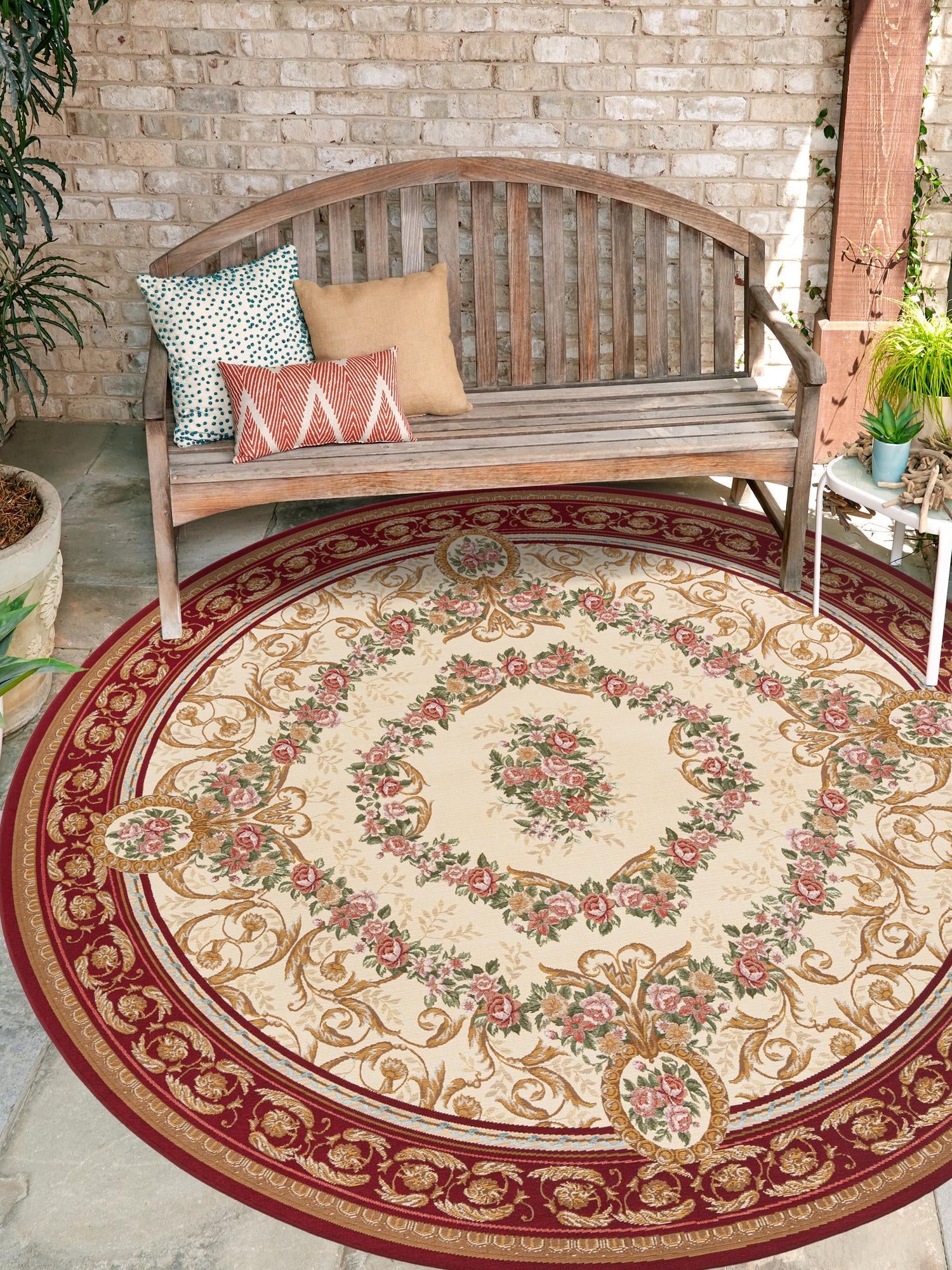 Burgundy Red and Ivory 5' 1 x 5' 1 Outdoor Traditional Round Area Rug Weather Resistant for Patio, Deck, Terrace, Balcony, Porch Classical Design Outside Carpet for Sale at Rug Engine