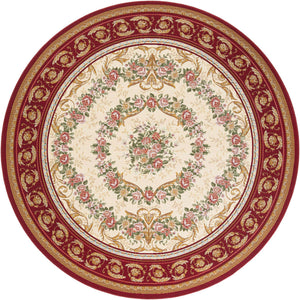 Burgundy Red and Ivory 7' 10 x 7' 10 Outdoor Traditional Round Area Rug Weather Resistant for Patio, Deck, Terrace, Balcony, Porch Classical Design Outside Carpet for Sale at Rug Engine