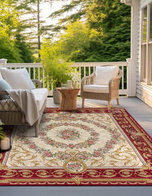 Burgundy Red and Ivory 7' 10 x 7' 10 Outdoor Traditional Square Area Rug Weather Resistant for Patio, Deck, Terrace, Balcony, Porch Classical Design Outside Carpet for Sale at Rug Engine