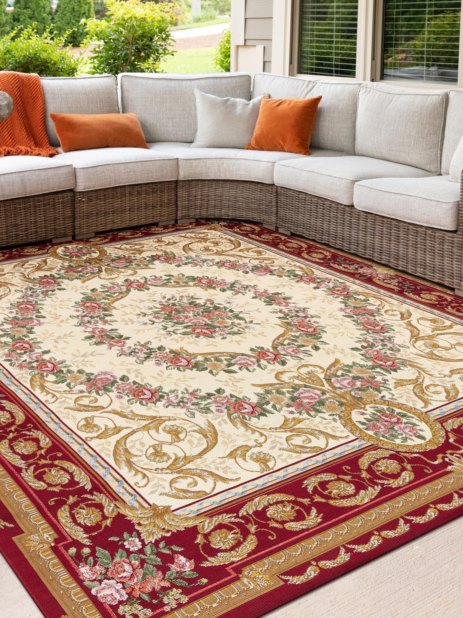 Burgundy Red and Ivory 7' 10 x 7' 10 Outdoor Traditional Square Area Rug Weather Resistant for Patio, Deck, Terrace, Balcony, Porch Classical Design Outside Carpet for Sale at Rug Engine