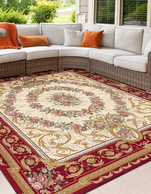 Burgundy Red and Ivory 7' 10 x 7' 10 Outdoor Traditional Square Area Rug Weather Resistant for Patio, Deck, Terrace, Balcony, Porch Classical Design Outside Carpet for Sale at Rug Engine