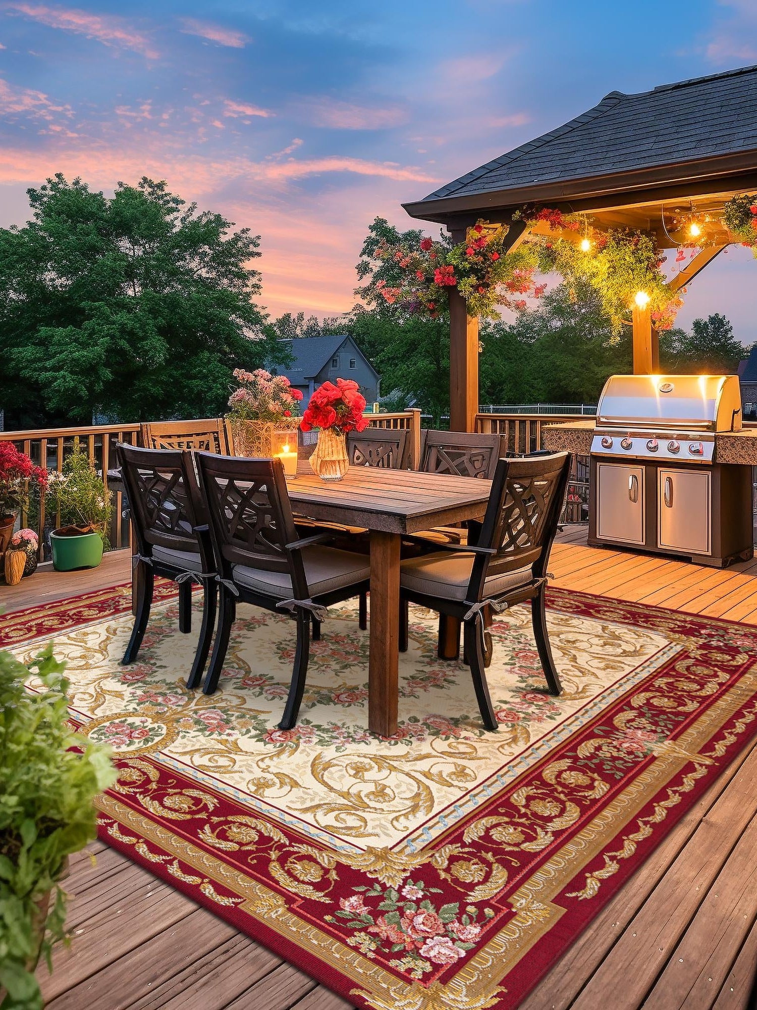 Burgundy Red and Ivory 7' 10 x 7' 10 Outdoor Traditional Square Area Rug Weather Resistant for Patio, Deck, Terrace, Balcony, Porch Classical Design Outside Carpet for Sale at Rug Engine