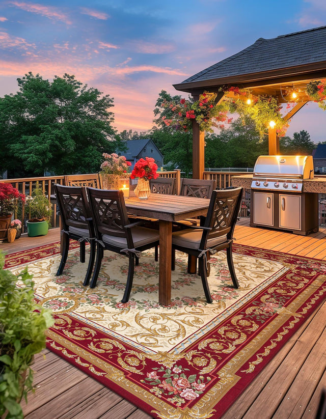 Burgundy Red and Ivory 7' 10 x 7' 10 Outdoor Traditional Square Area Rug Weather Resistant for Patio, Deck, Terrace, Balcony, Porch Classical Design Outside Carpet for Sale at Rug Engine