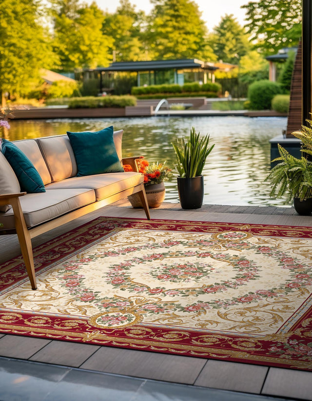 Burgundy Red and Ivory 7' 10 x 7' 10 Outdoor Traditional Square Area Rug Weather Resistant for Patio, Deck, Terrace, Balcony, Porch Classical Design Outside Carpet for Sale at Rug Engine