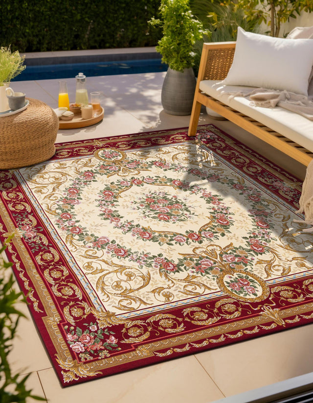 Burgundy Red and Ivory 10' x 10' Outdoor Traditional Square Area Rug Weather Resistant for Patio, Deck, Terrace, Balcony, Porch Classical Design Outside Carpet for Sale at Rug Engine