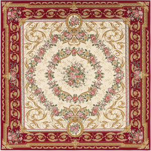 Burgundy Red and Ivory 7' 10 x 7' 10 Outdoor Traditional Square Area Rug Weather Resistant for Patio, Deck, Terrace, Balcony, Porch Classical Design Outside Carpet for Sale at Rug Engine