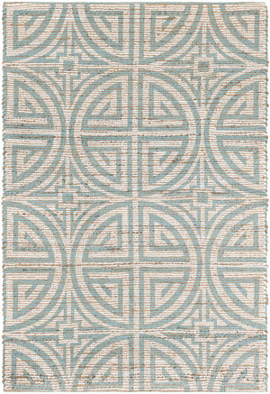 Blue and Ivory 4' 1 x 6' 1 Chenille Jute Rectangle Area Rug Vintage Distressed Boho All Natural Eco-Friendly Sustainable Carpet for Living Dining Office Dorm Rooms for Sale at Rug Engine