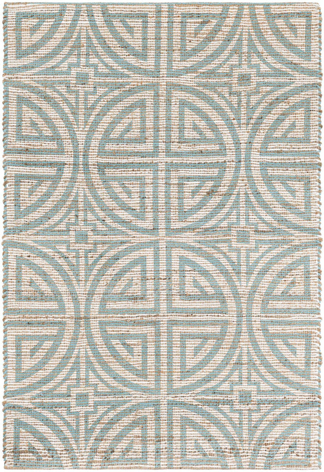 Blue and Ivory 4' 1 x 6' 1 Chenille Jute Rectangle Area Rug Vintage Distressed Boho All Natural Eco-Friendly Sustainable Carpet for Living Dining Office Dorm Rooms for Sale at Rug Engine