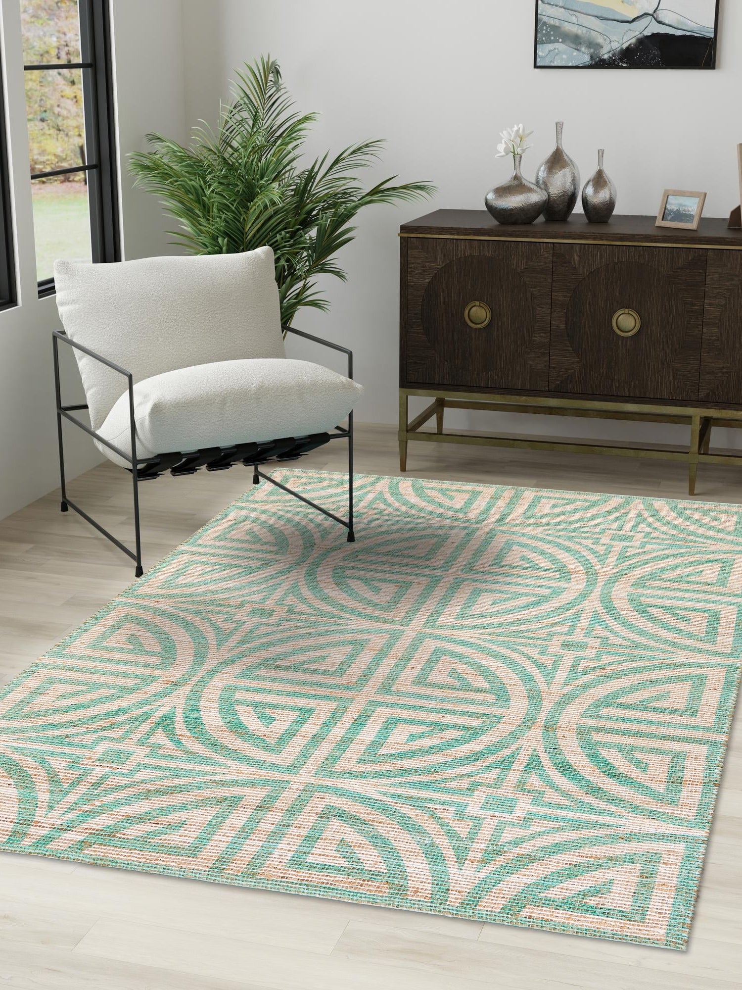 Blue and Ivory 7' 10 x 10' Chenille Jute Rectangle Area Rug Vintage Distressed Boho All Natural Eco-Friendly Sustainable Carpet for Living Dining Office Dorm Rooms for Sale at Rug Engine
