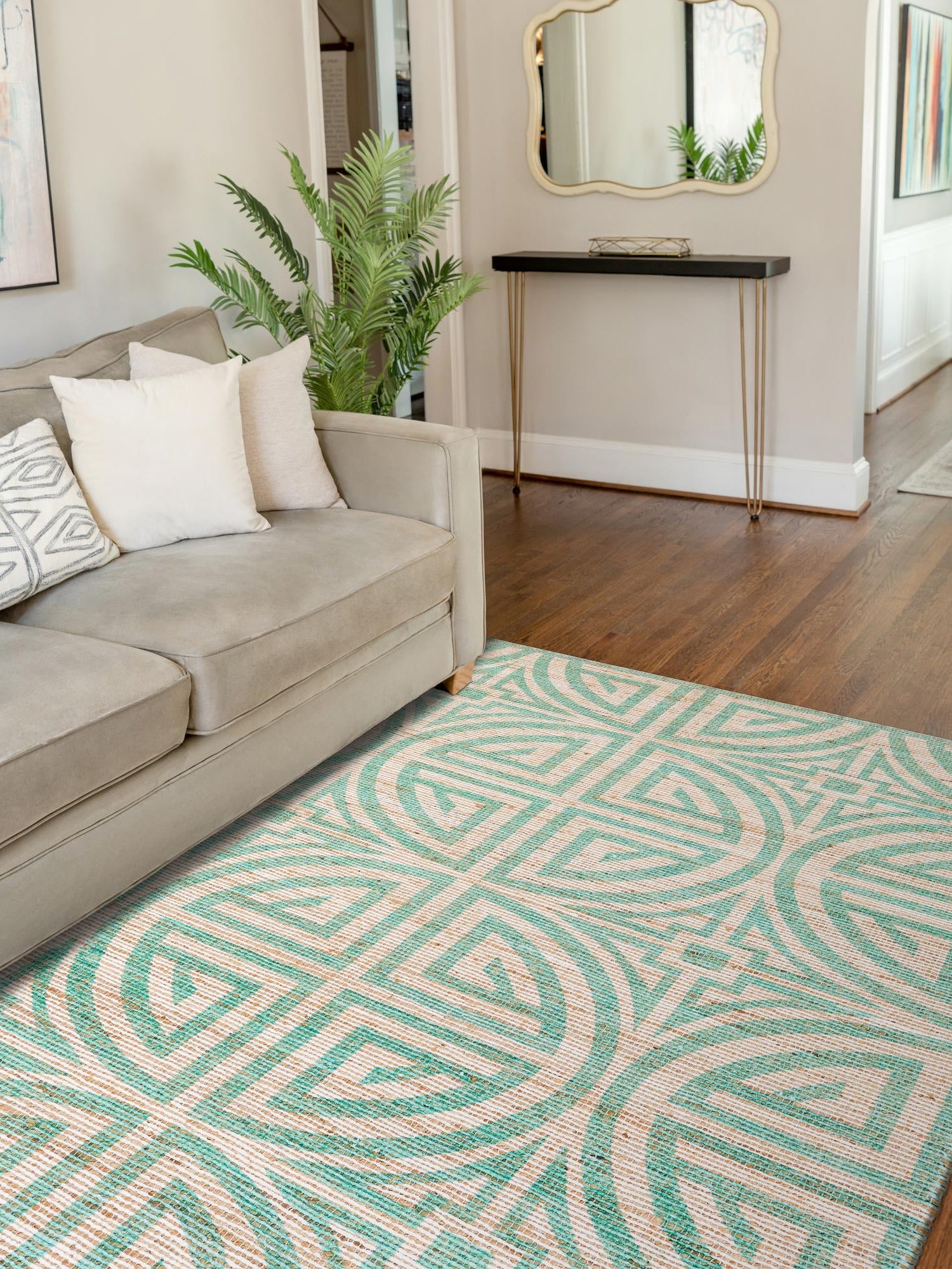 Blue and Ivory 4' 1 x 6' 1 Chenille Jute Rectangle Area Rug Vintage Distressed Boho All Natural Eco-Friendly Sustainable Carpet for Living Dining Office Dorm Rooms for Sale at Rug Engine
