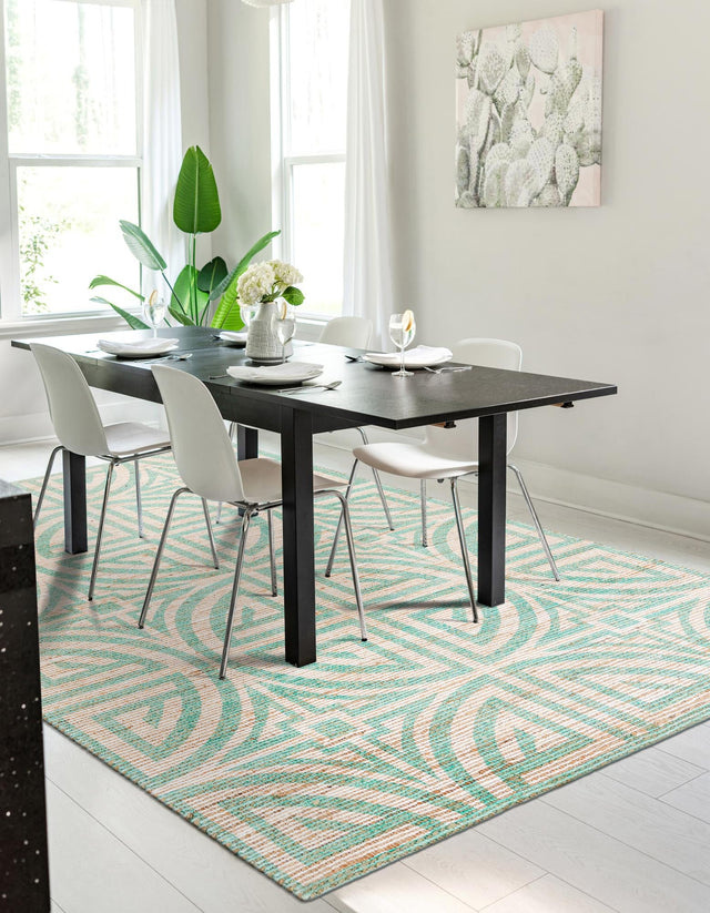 Blue and Ivory 6' 1 x 9' Chenille Jute Rectangle Area Rug Vintage Distressed Boho All Natural Eco-Friendly Sustainable Carpet for Living Dining Office Dorm Rooms for Sale at Rug Engine