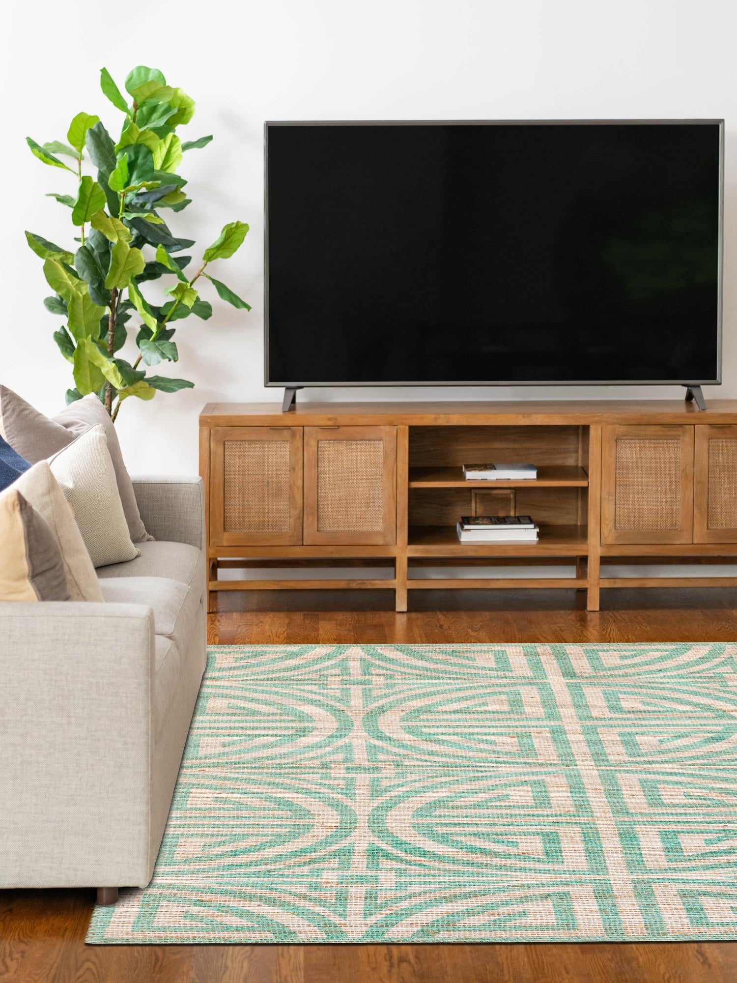 Blue and Ivory 4' 1 x 6' 1 Chenille Jute Rectangle Area Rug Vintage Distressed Boho All Natural Eco-Friendly Sustainable Carpet for Living Dining Office Dorm Rooms for Sale at Rug Engine