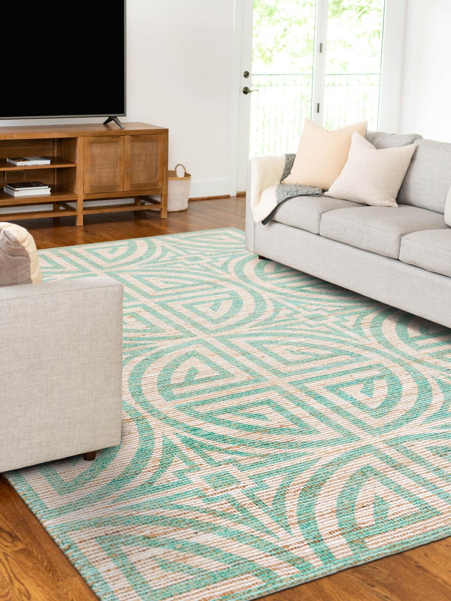 Blue and Ivory 4' 1 x 6' 1 Chenille Jute Rectangle Area Rug Vintage Distressed Boho All Natural Eco-Friendly Sustainable Carpet for Living Dining Office Dorm Rooms for Sale at Rug Engine