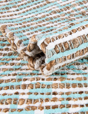 Blue and Ivory 6' 1 x 9' Chenille Jute Rectangle Area Rug Vintage Distressed Boho All Natural Eco-Friendly Sustainable Carpet for Living Dining Office Dorm Rooms for Sale at Rug Engine