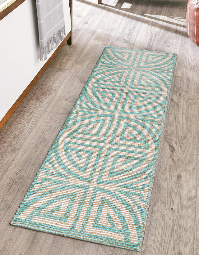 Blue and Ivory 2' 2 x 6' 1 Chenille Jute Runner Area Rug Vintage Distressed Boho All Natural Eco-Friendly Sustainable Carpet for Living Dining Office Dorm Rooms for Sale at Rug Engine