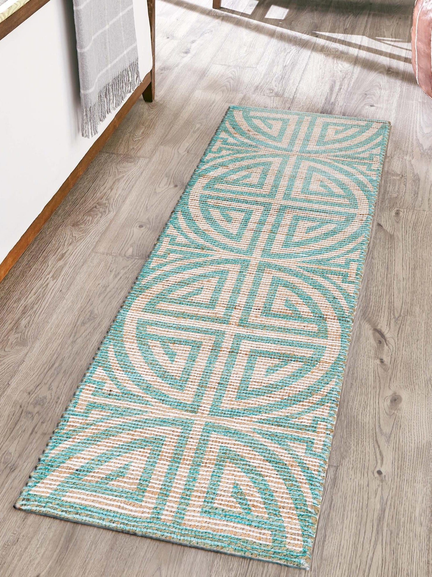 Blue and Ivory 2' 2 x 8' Chenille Jute Runner Area Rug Vintage Distressed Boho All Natural Eco-Friendly Sustainable Carpet for Living Dining Office Dorm Rooms for Sale at Rug Engine