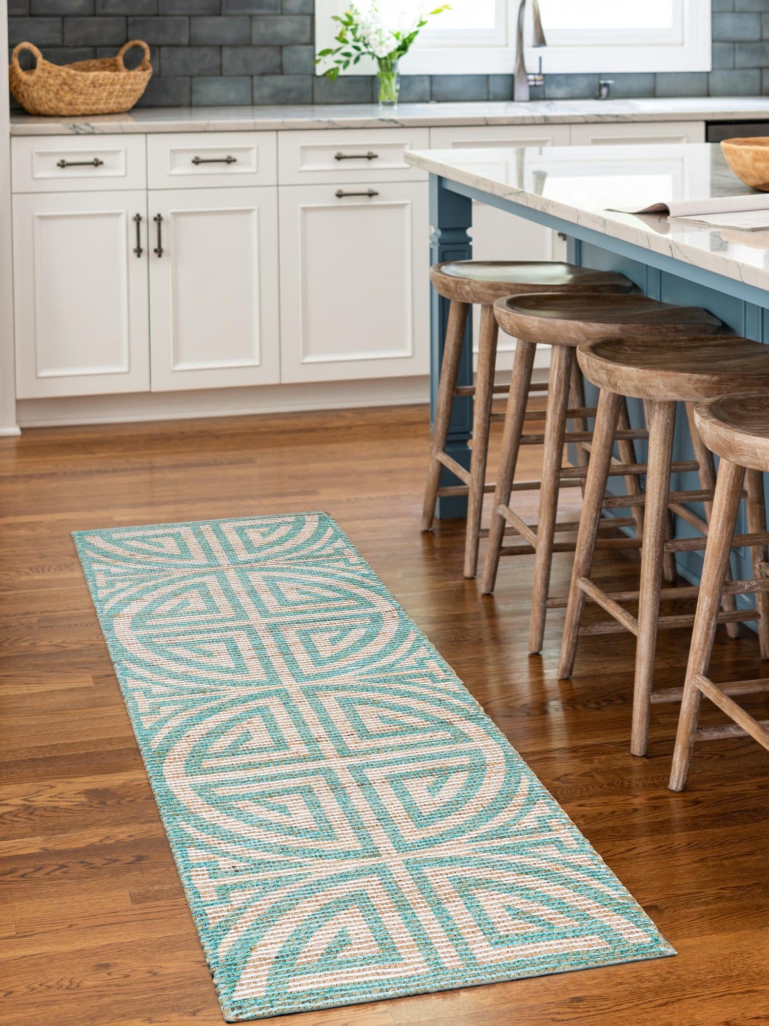 Blue and Ivory 2' 2 x 8' Chenille Jute Runner Area Rug Vintage Distressed Boho All Natural Eco-Friendly Sustainable Carpet for Living Dining Office Dorm Rooms for Sale at Rug Engine