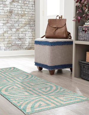 Blue and Ivory 2' 2 x 6' 1 Chenille Jute Runner Area Rug Vintage Distressed Boho All Natural Eco-Friendly Sustainable Carpet for Living Dining Office Dorm Rooms for Sale at Rug Engine