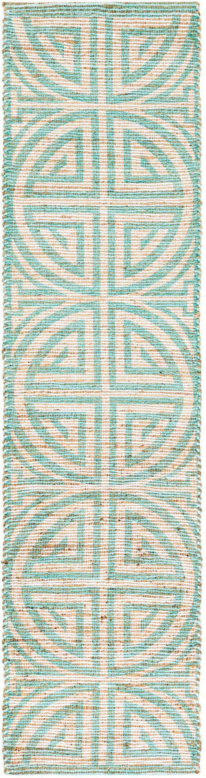 Blue and Ivory 2' 2 x 8' Chenille Jute Runner Area Rug Vintage Distressed Boho All Natural Eco-Friendly Sustainable Carpet for Living Dining Office Dorm Rooms for Sale at Rug Engine