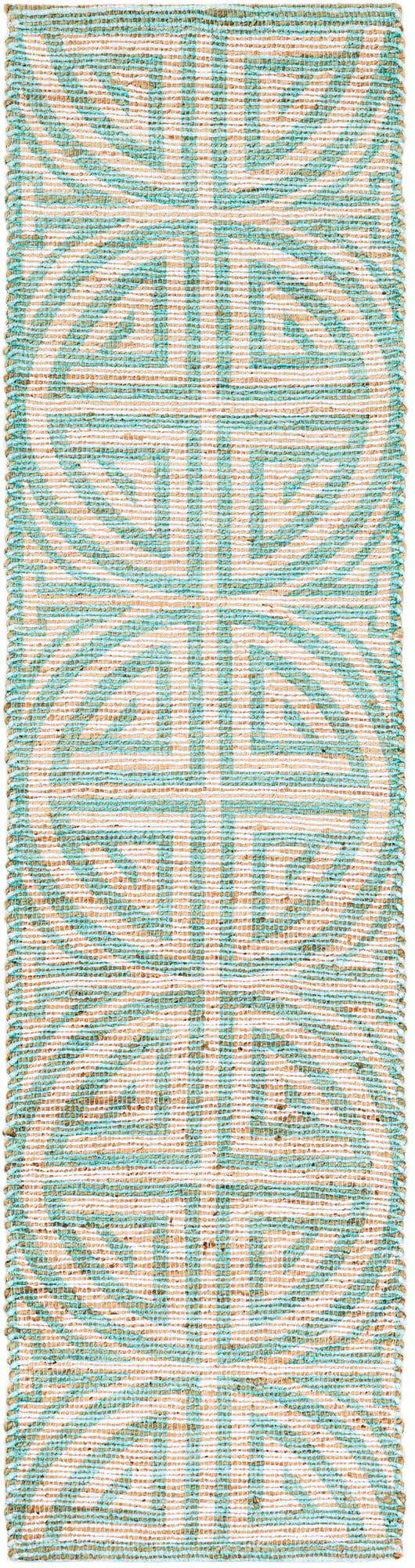 Blue and Ivory 2' 2 x 8' Chenille Jute Runner Area Rug Vintage Distressed Boho All Natural Eco-Friendly Sustainable Carpet for Living Dining Office Dorm Rooms for Sale at Rug Engine
