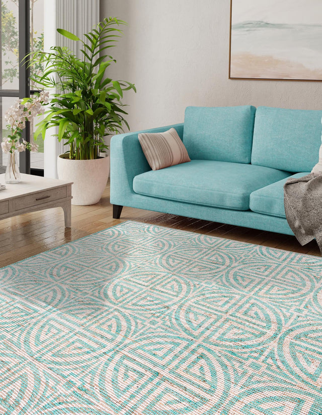 Blue and Ivory 7' 10 x 7' 10 Chenille Jute Square Area Rug Vintage Distressed Boho All Natural Eco-Friendly Sustainable Carpet for Living Dining Office Dorm Rooms for Sale at Rug Engine