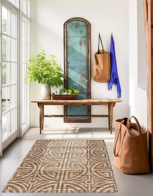 Light Brown and Ivory 5' 1 x 8' Chenille Jute Rectangle Area Rug Vintage Distressed Boho All Natural Eco-Friendly Sustainable Carpet for Living Dining Office Dorm Rooms for Sale at Rug Engine