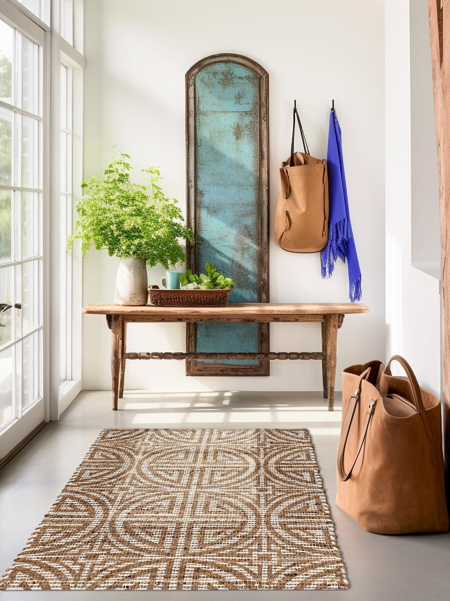 Light Brown and Ivory 7' 10 x 10' Chenille Jute Rectangle Area Rug Vintage Distressed Boho All Natural Eco-Friendly Sustainable Carpet for Living Dining Office Dorm Rooms for Sale at Rug Engine