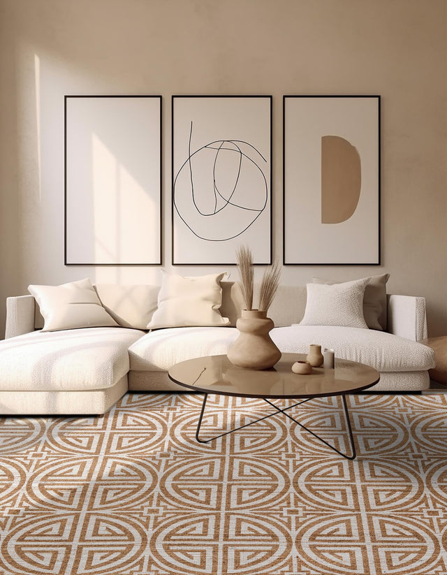 Light Brown and Ivory 7' 10 x 7' 10 Chenille Jute Square Area Rug Vintage Distressed Boho All Natural Eco-Friendly Sustainable Carpet for Living Dining Office Dorm Rooms for Sale at Rug Engine