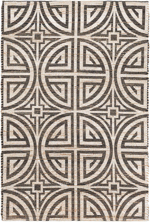 Black and Ivory 4' 1 x 6' 1 Chenille Jute Rectangle Area Rug Vintage Distressed Boho All Natural Eco-Friendly Sustainable Carpet for Living Dining Office Dorm Rooms for Sale at Rug Engine