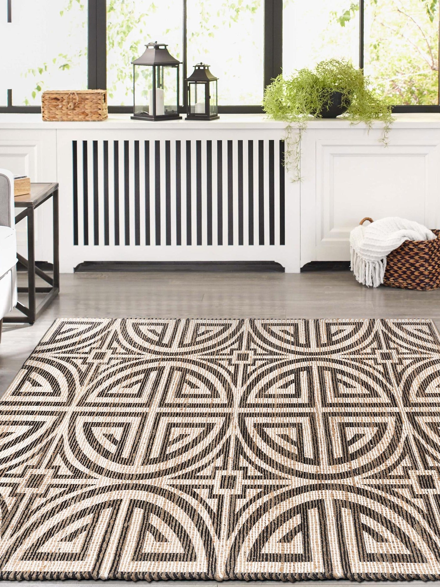 Black and Ivory 4' 1 x 6' 1 Chenille Jute Rectangle Area Rug Vintage Distressed Boho All Natural Eco-Friendly Sustainable Carpet for Living Dining Office Dorm Rooms for Sale at Rug Engine
