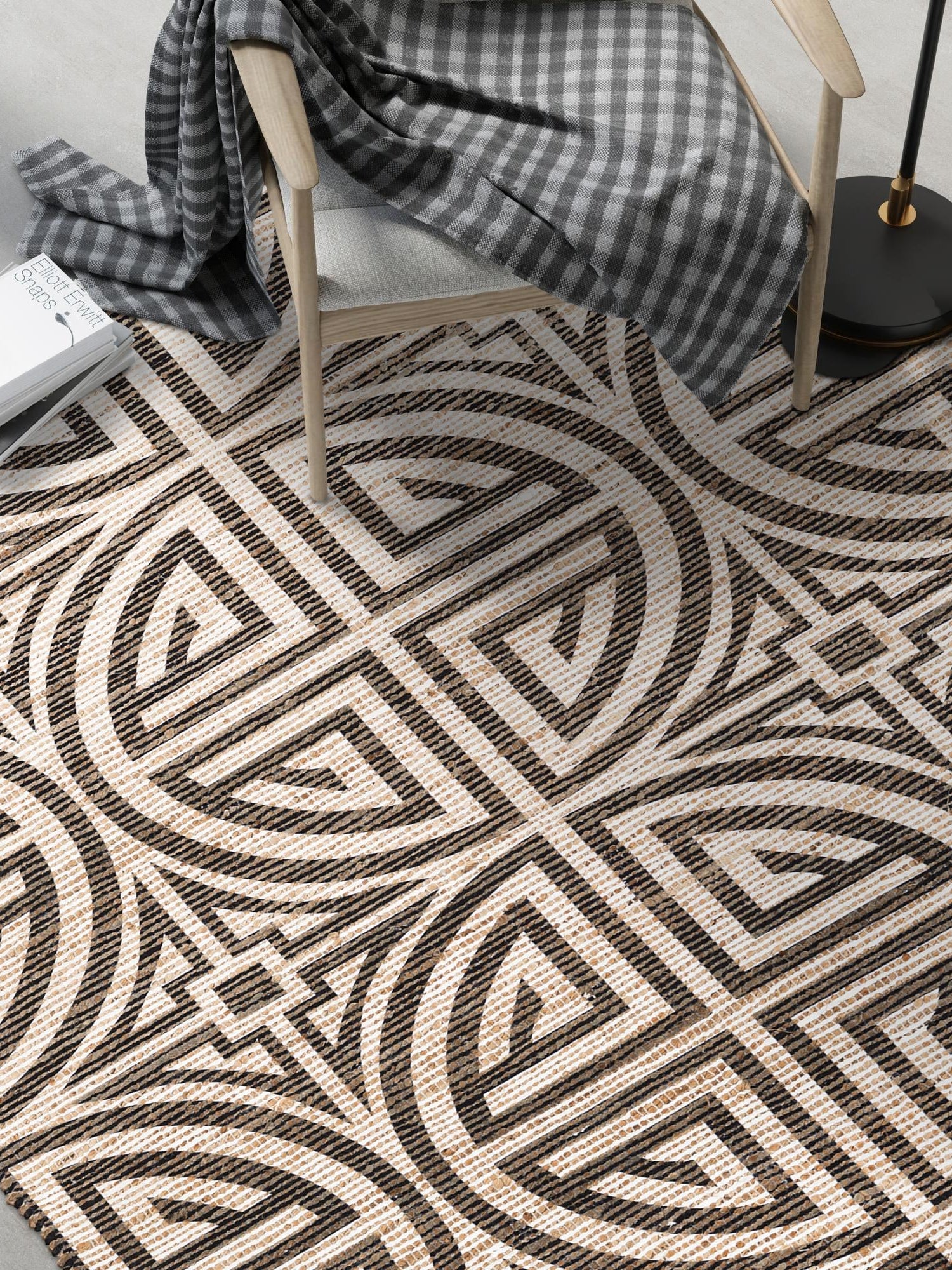 Black and Ivory 4' 1 x 6' 1 Chenille Jute Rectangle Area Rug Vintage Distressed Boho All Natural Eco-Friendly Sustainable Carpet for Living Dining Office Dorm Rooms for Sale at Rug Engine