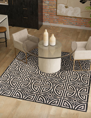 Black and Ivory 7' 10 x 7' 10 Chenille Jute Square Area Rug Vintage Distressed Boho All Natural Eco-Friendly Sustainable Carpet for Living Dining Office Dorm Rooms for Sale at Rug Engine