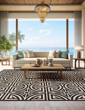 Black and Ivory 7' 10 x 7' 10 Chenille Jute Square Area Rug Vintage Distressed Boho All Natural Eco-Friendly Sustainable Carpet for Living Dining Office Dorm Rooms for Sale at Rug Engine