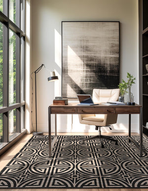Black and Ivory 7' 10 x 7' 10 Chenille Jute Square Area Rug Vintage Distressed Boho All Natural Eco-Friendly Sustainable Carpet for Living Dining Office Dorm Rooms for Sale at Rug Engine