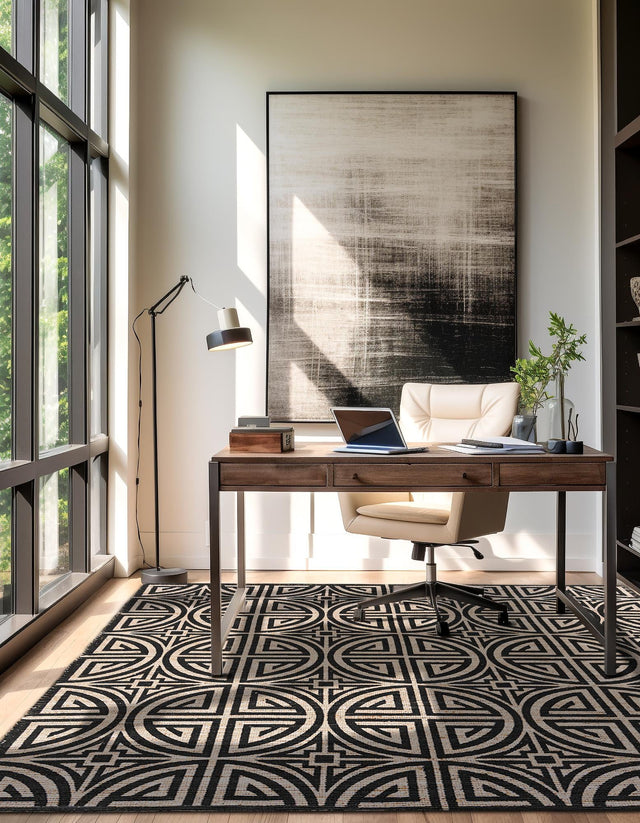 Black and Ivory 7' 10 x 7' 10 Chenille Jute Square Area Rug Vintage Distressed Boho All Natural Eco-Friendly Sustainable Carpet for Living Dining Office Dorm Rooms for Sale at Rug Engine