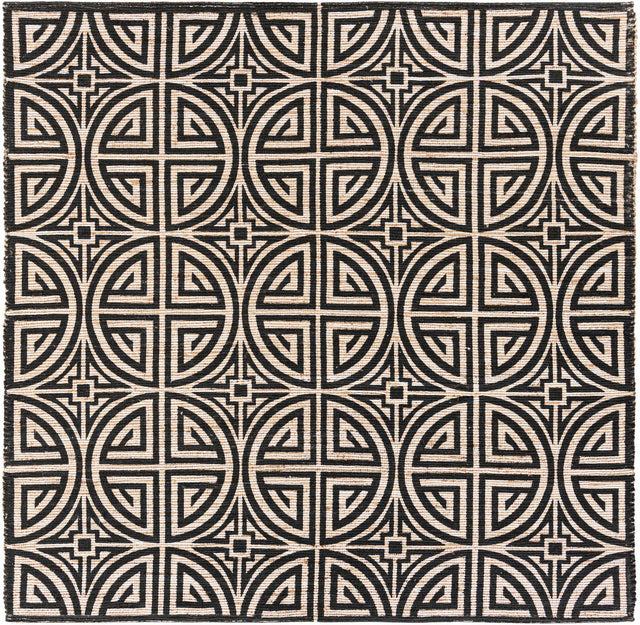 Black and Ivory 7' 10 x 7' 10 Chenille Jute Square Area Rug Vintage Distressed Boho All Natural Eco-Friendly Sustainable Carpet for Living Dining Office Dorm Rooms for Sale at Rug Engine