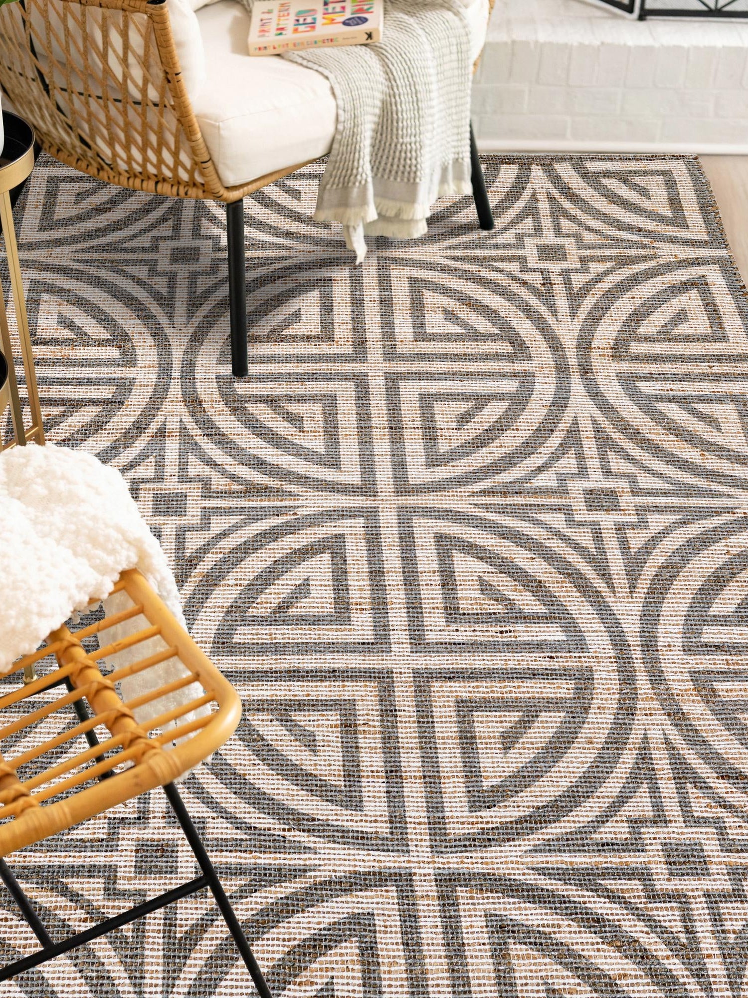 Gray and Ivory 7' 10 x 10' Chenille Jute Rectangle Area Rug Vintage Distressed Boho All Natural Eco-Friendly Sustainable Carpet for Living Dining Office Dorm Rooms for Sale at Rug Engine