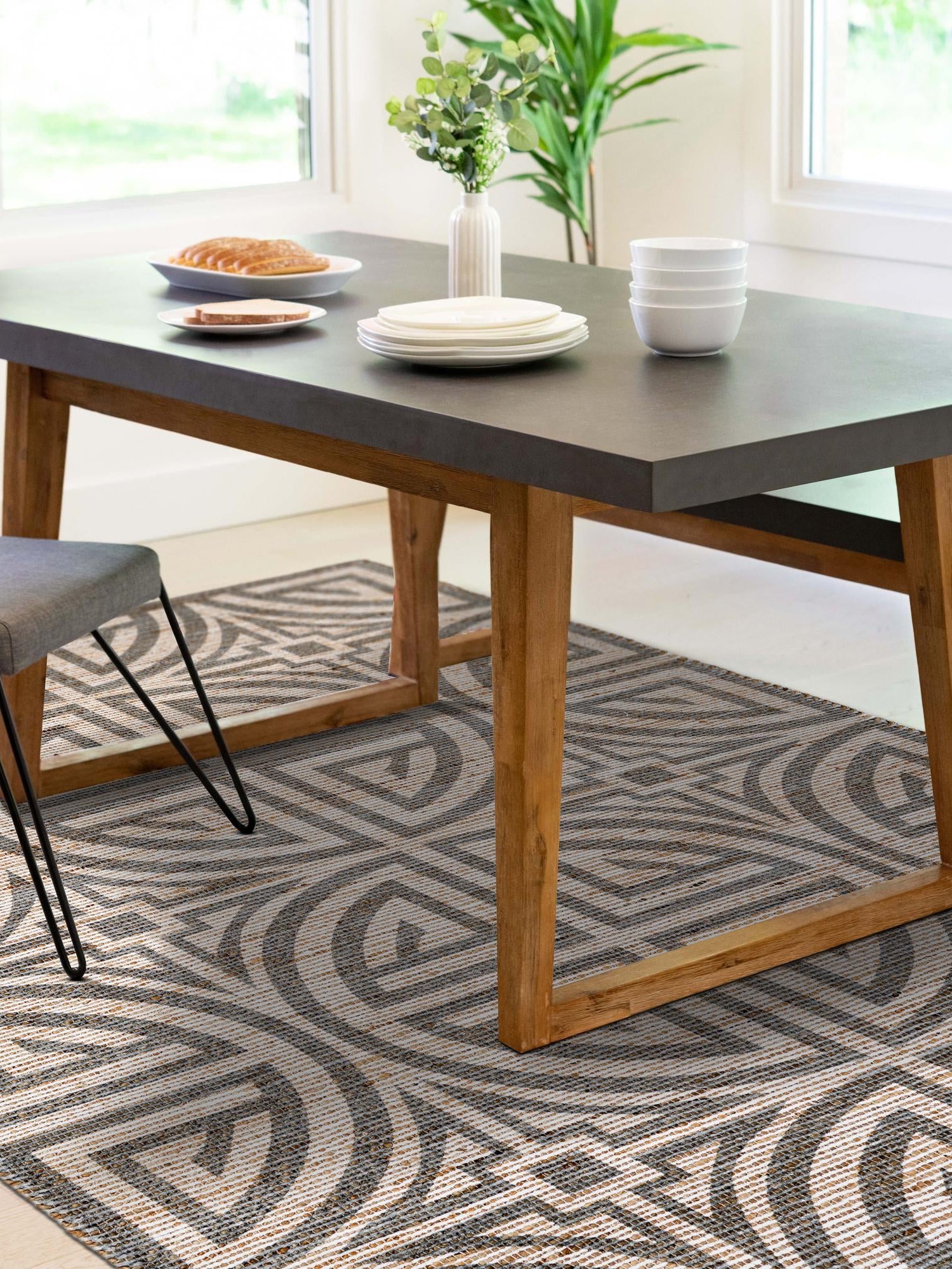 Gray and Ivory 4' 1 x 6' 1 Chenille Jute Rectangle Area Rug Vintage Distressed Boho All Natural Eco-Friendly Sustainable Carpet for Living Dining Office Dorm Rooms for Sale at Rug Engine