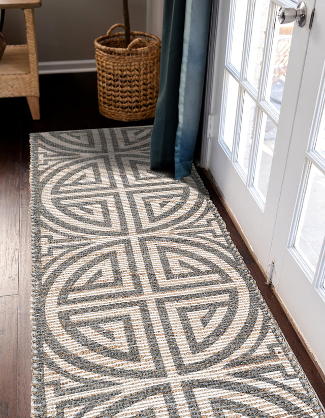 Gray and Ivory 2' 2 x 6' 1 Chenille Jute Runner Area Rug Vintage Distressed Boho All Natural Eco-Friendly Sustainable Carpet for Living Dining Office Dorm Rooms for Sale at Rug Engine